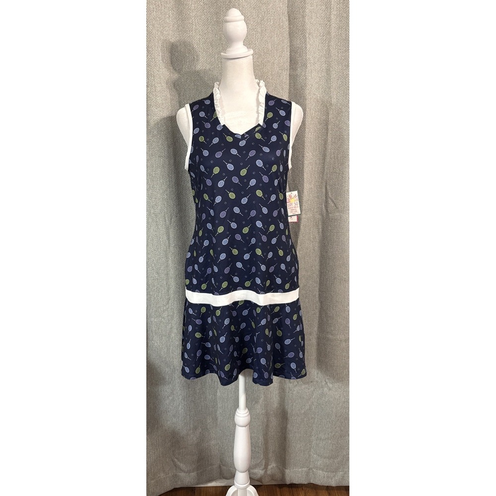 Lillie Green Tennis Dress Women's Size Petite Small Navy Racquet Print UPF 50